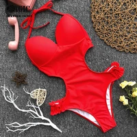 new high quality bodysuit one piece swimsuit solid red black push up swimwear women sexy backless swimming suit monokini 5 color
