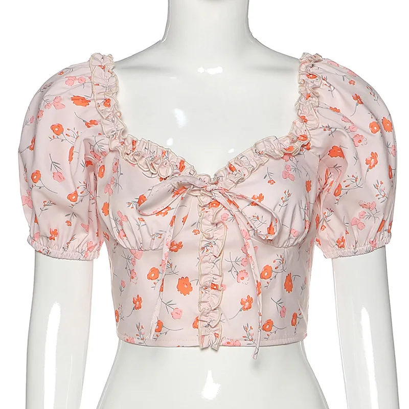 

Vintage Short Tops Summer Women 2020 Printed Zipper Slim Tees Harajuku V-neck Bubble Sleeve Tops Tshirt Woman Clothes