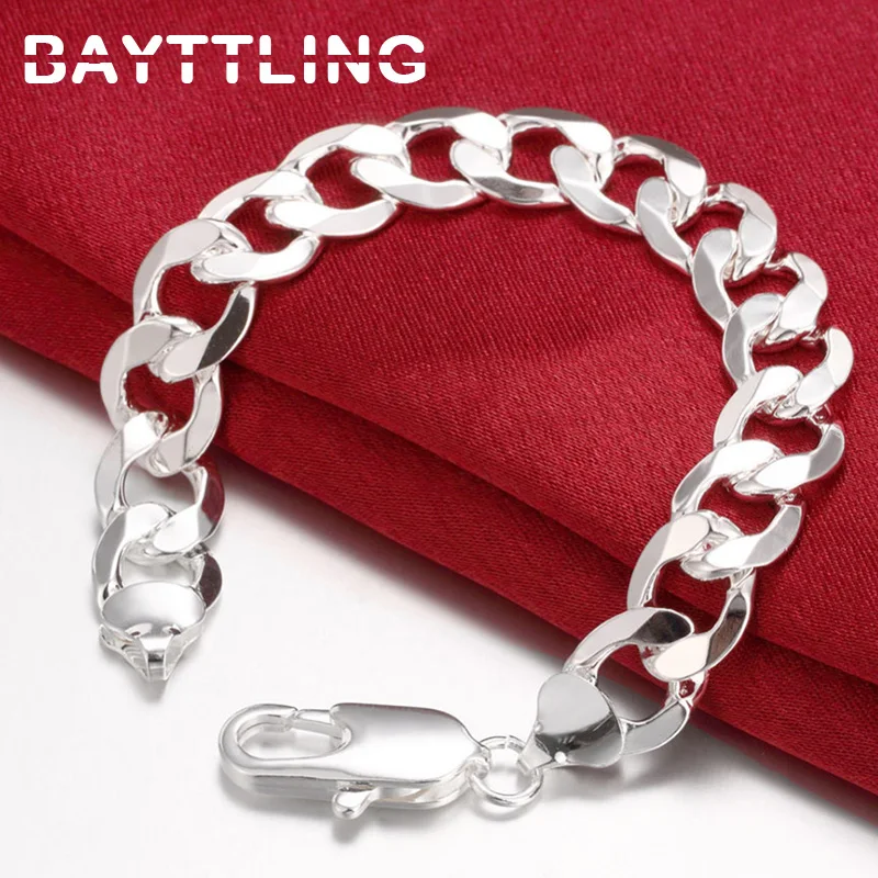

BAYTTLING 8 Inch 925 Sterling Silver 12MM Full Side Chain Bracelet For Woman Man Fashion Party Wedding Gift Jewelry