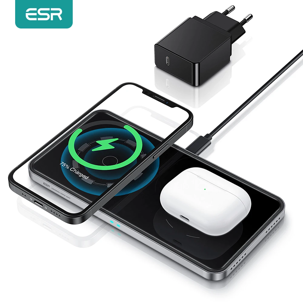 

ESR HaloLock 2-in-1 Magnetic Wireless Charger for iPhone 12 Airpods Pro Magnetic Charging for iPhone 12/Pro/Mini/Pro Max/AirPods