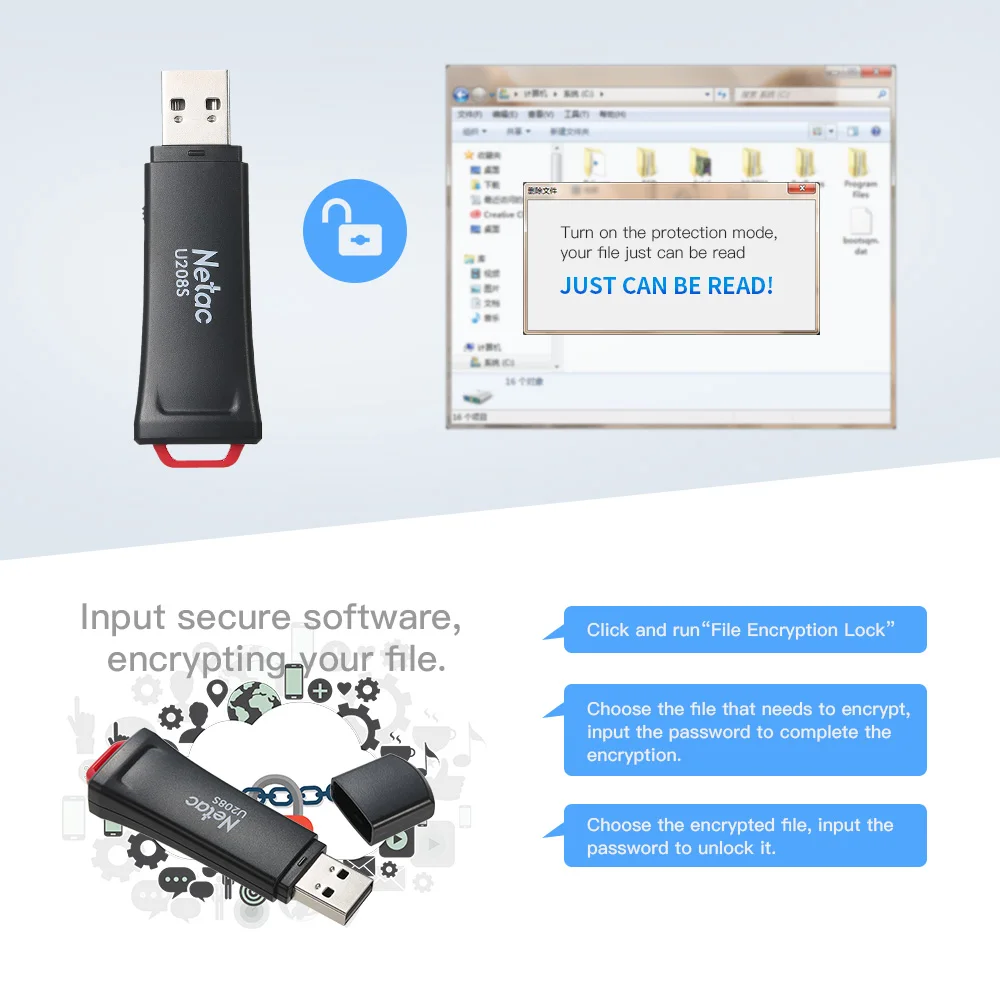 Флеш накопитель Netac USB2.0 32 ГБ 16 8 защита записи зашифрованный Флешка U208S флеш usb для