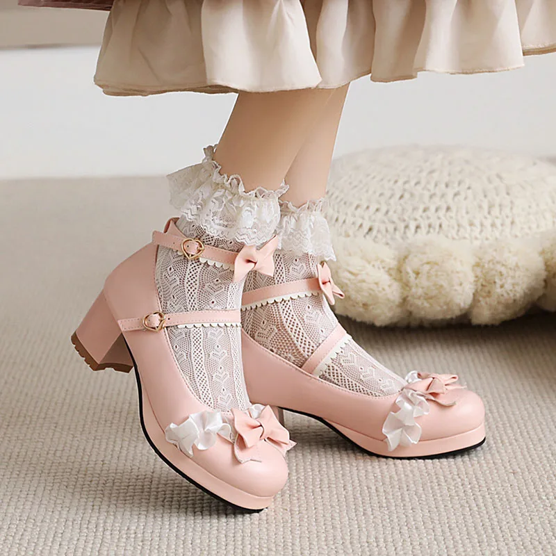 

Women Mary Janes Platform Shoes Lolita Pumps Girl Coser Plus Size 42 43 Butterfly Knot Square Toe High Block Heels Pink Handmade