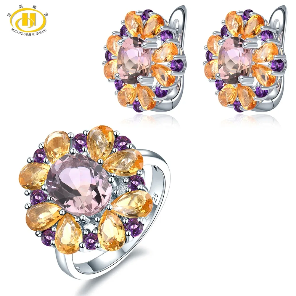 

Hutang Ring Earrings Jewelry Sets Natural Gemstone Ametrine Citrine Amethyst 925 Sterling Silver Fine Jewelry for Women Gift New