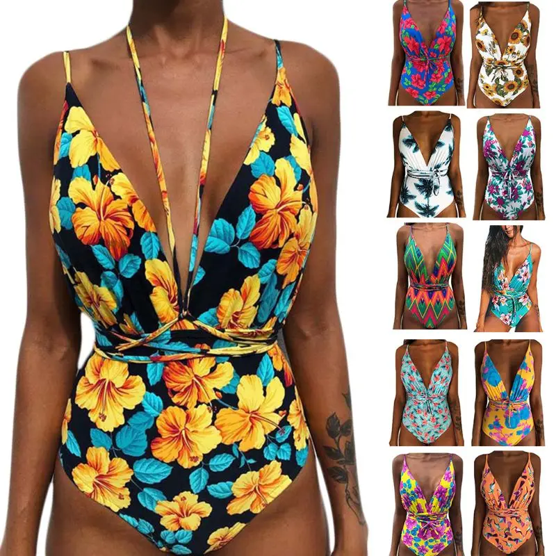 

F2TC женское сексуальное бикини с глубоким V-образным вырезом, Цельный купальник с высокой талией, Бандажное Монокини в стиле бохо, купальник ...