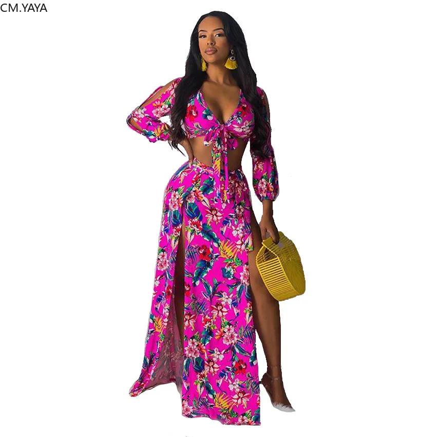 Женский летний костюм с цветочным принтом вырезом длинным рукавом v образным