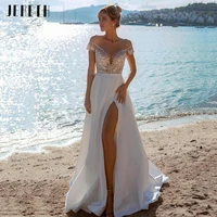 jeheth glitter lace side split satin boho wedding dresses illusion short sleeves a line beach bride gowns robe de mari%c3%a9e 2022