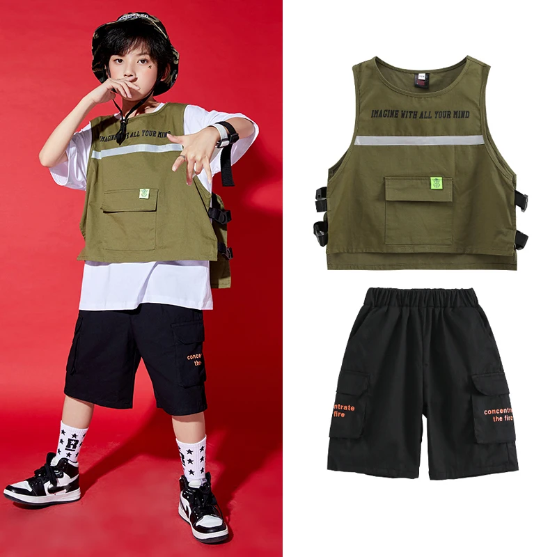 

Children'S Hip-Hop Dance Costumes Short-Sleeved Tooling Vest Three-Piece Suit Boys Hiphop Jazz Performance Rave Clothes DN9198