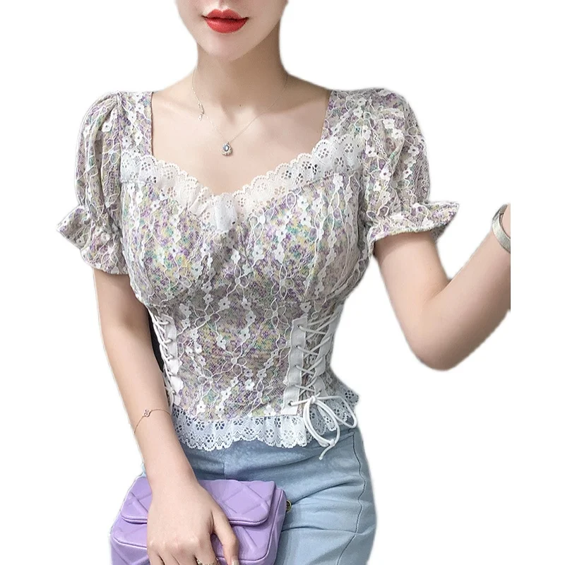 

COIGARSAM Short Sleeve korean blouse women New Patchwork Lace Floral Print High Waist Belt blusas womens tops and blouses White