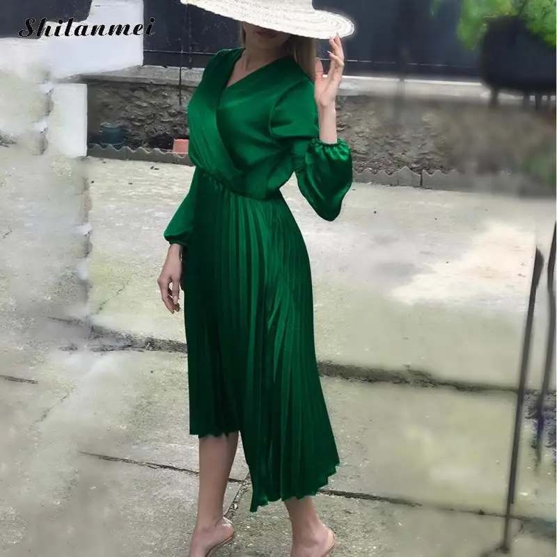 Vintage Green Satin Dress Women 2019 Autumn V-Neck Pleated Sexy Long Female A-Line Sleeve Elegant Party Dresses | Женская одежда