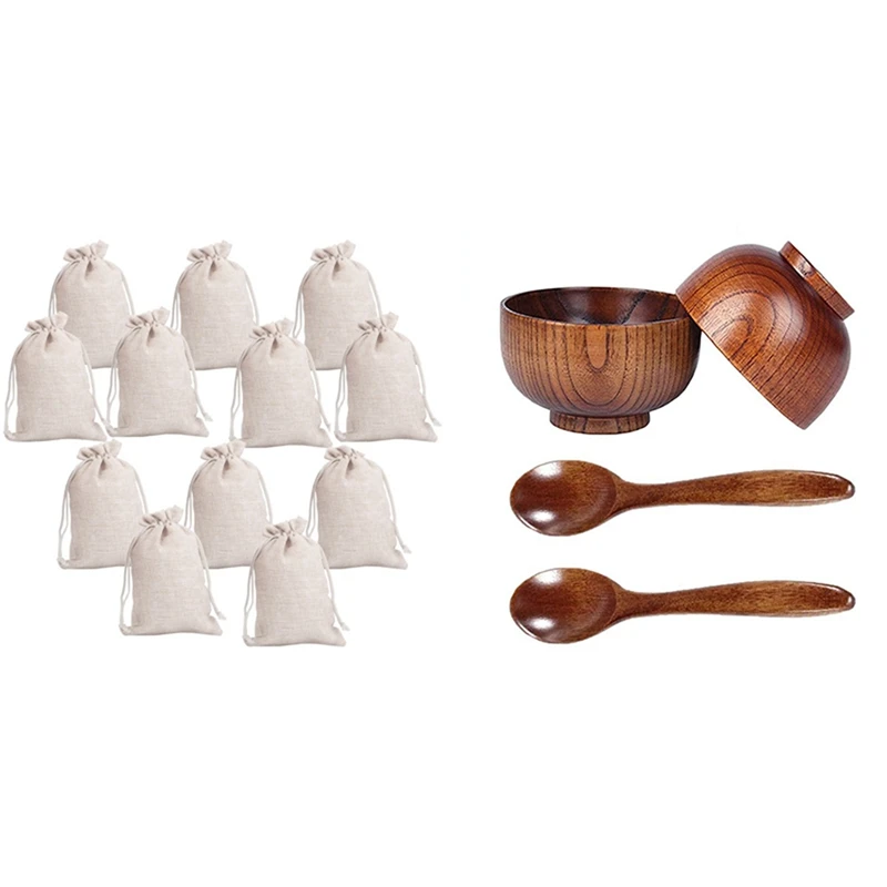 

12Pcs Small Cotton Drawstring Bags Muslin Cloth Gift Candy Bag & 1 Set Wood Spoons Bowl Set,Wooden Handmade Flatware