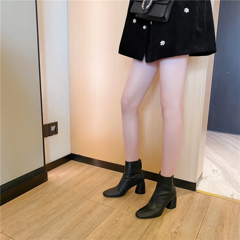 

Vintage classic ankle boots round toe 7.5cm high heels zipper women winter keep warm cozy soft color concise shoe XDD07 MUYISEXI