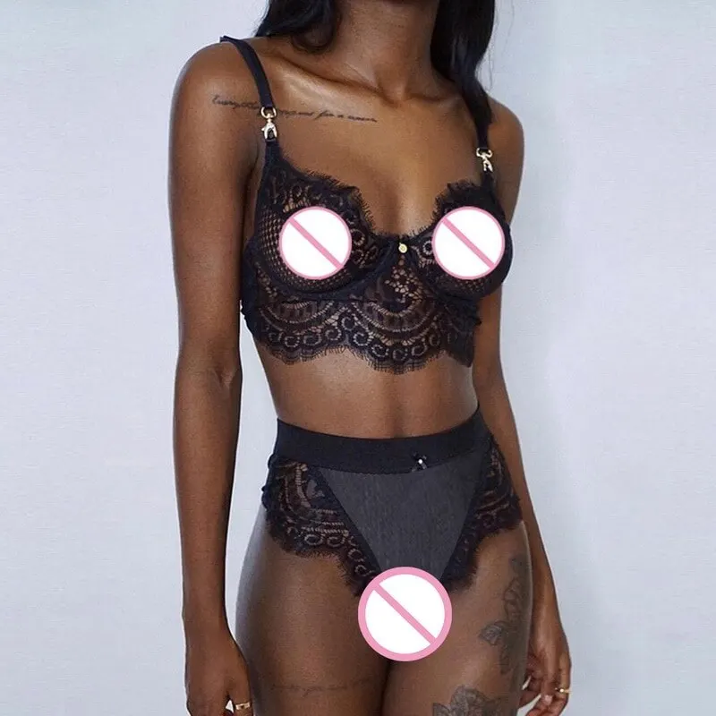 

Female Backless V Neck Sexy Lingerie Set Dot Mesh Bralette Women Push Up Brassiere Panties Sets Lace Transparent Bra Set