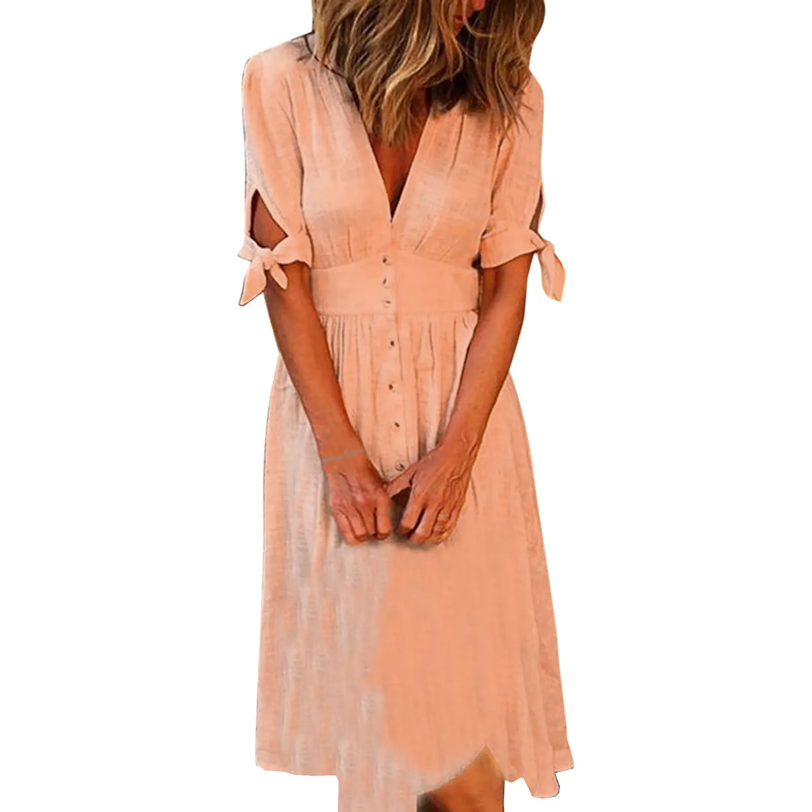 

Women's V-neck Solid Color Short-Sleeved Long Cardigan Buttoned Dress Deep V-Neck Mini Long Tunic Tops Loose Pullover