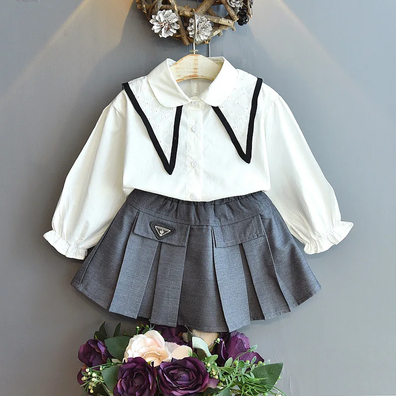 Bear Leader Kids Clothes Girls 2021 Spring Autumn Girl' College Style Long-sleeved Shirt & Pleated Skirt Two-piece Girls Outfits