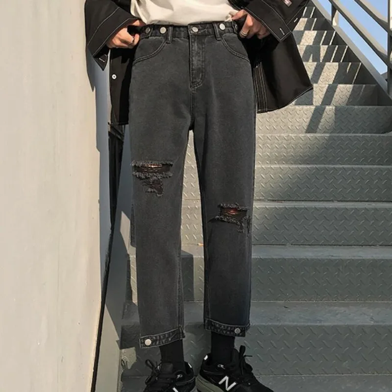 

Джинсы мужские рваные прямые в стиле хип-хоп, модные повседневные брюки из денима, свободные штаны из денима с дырками, цвет черный/синий/беж...