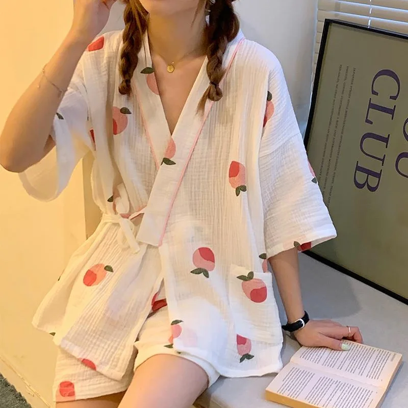 Kimono Women Cotton Pijamas Set 2 Pieces Pajamas Girl Pink Floral Bud Print Pyjama Summer 2021 White Sleepwear Vintage Nightwear