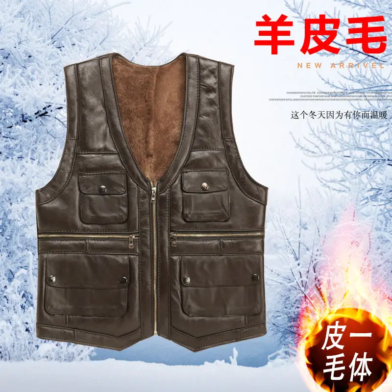 2021 Men's Leather Vest Full-Grain Sheepskin Autumn and Winter Multi-Pocket Casual Fur Integrated Warm | Мужская одежда