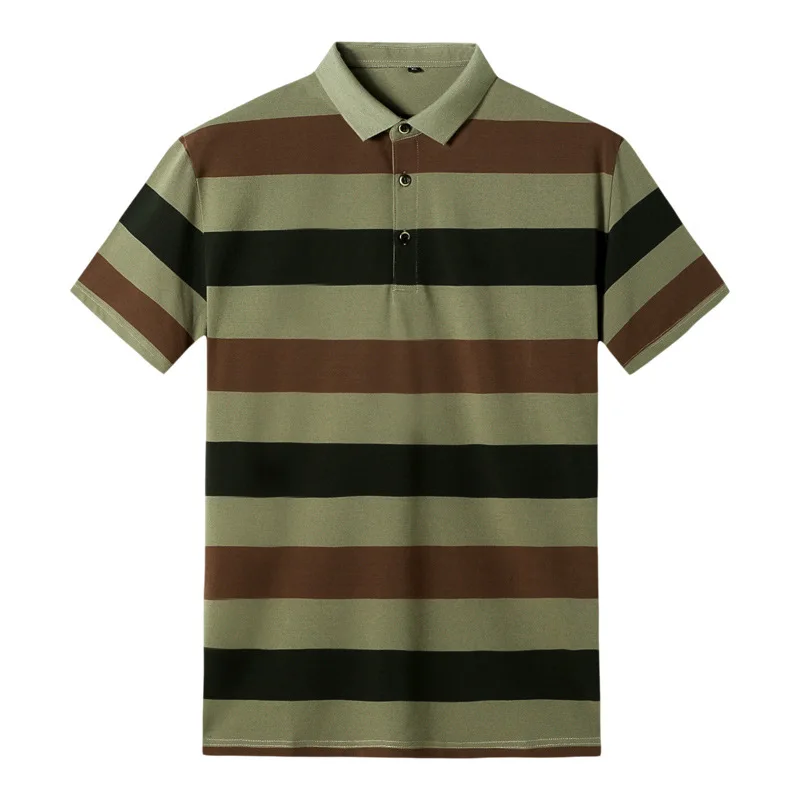

Summer 2021 new men's fattening plus size Lapel stripe short sleeve men's middle-aged business leisure short sleeve T-shirt