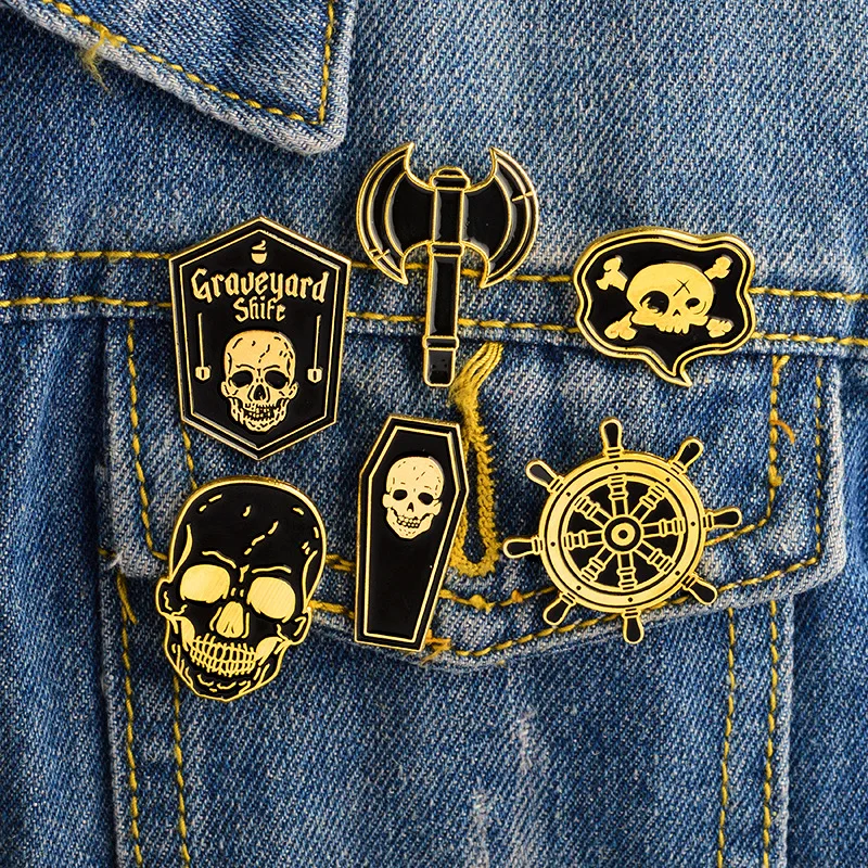 

Punk style Dark series skeleton Denim Enamel pins SEE YOU IN HELL Cool Rock Badges Brooches Gifts for Friends Jewelry wholesale