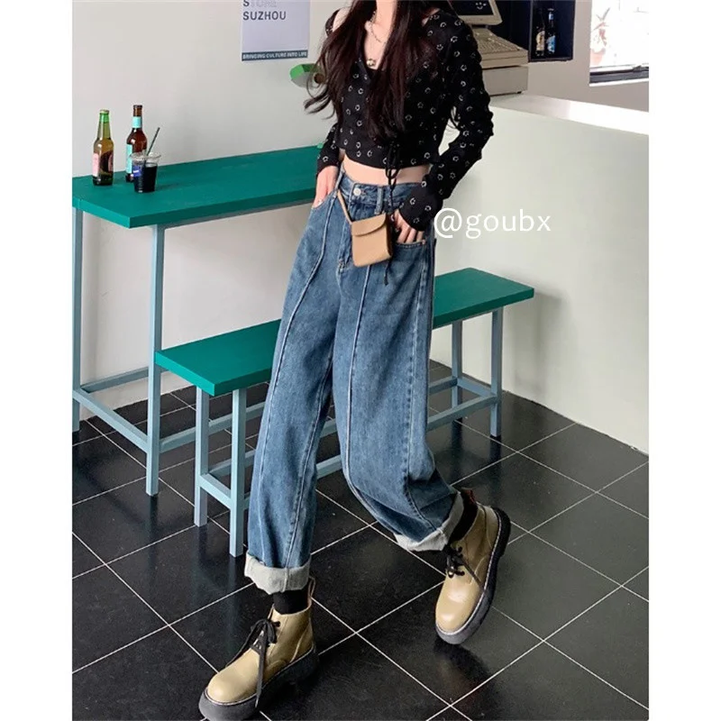

2021autumn New High Waist Straight-Leg Frayed Hem Jeans Women's Retro Easy Matching Loose Wide-Leg Pants Ins Fashion