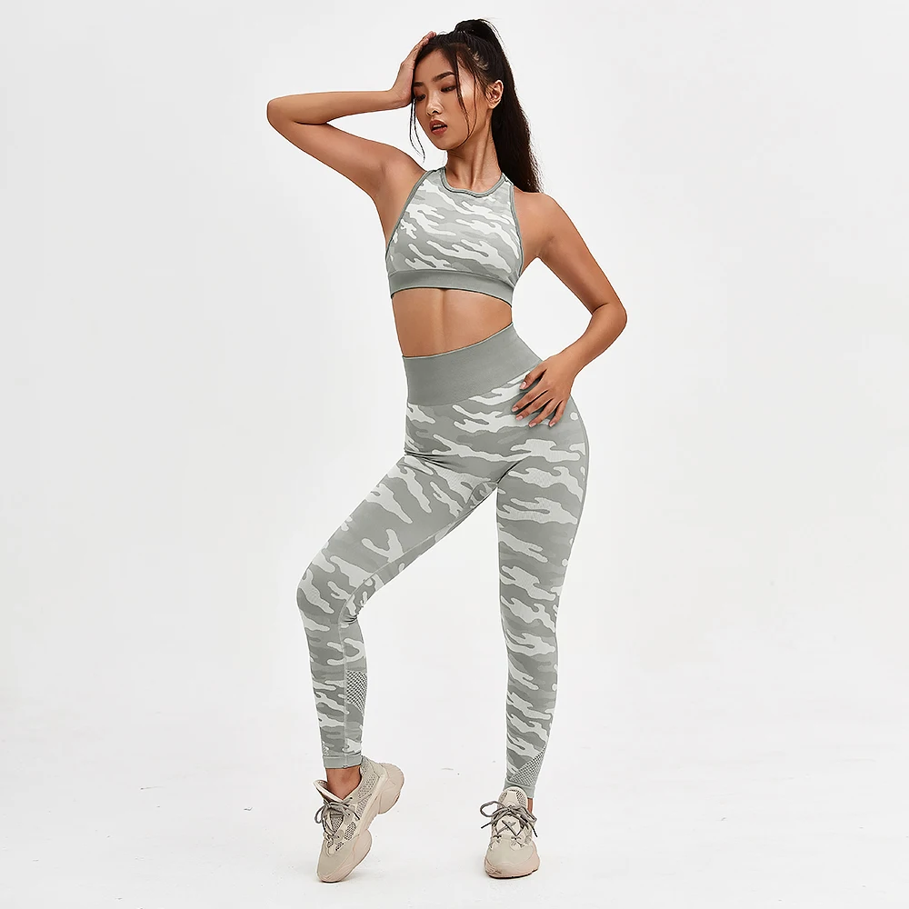 

Camouflage Slim Yoga Sets Women Quick Dry Sport Suit Running Fitness Sportwear Crop Top Gym Bra Seamless Workout Leggings Tight
