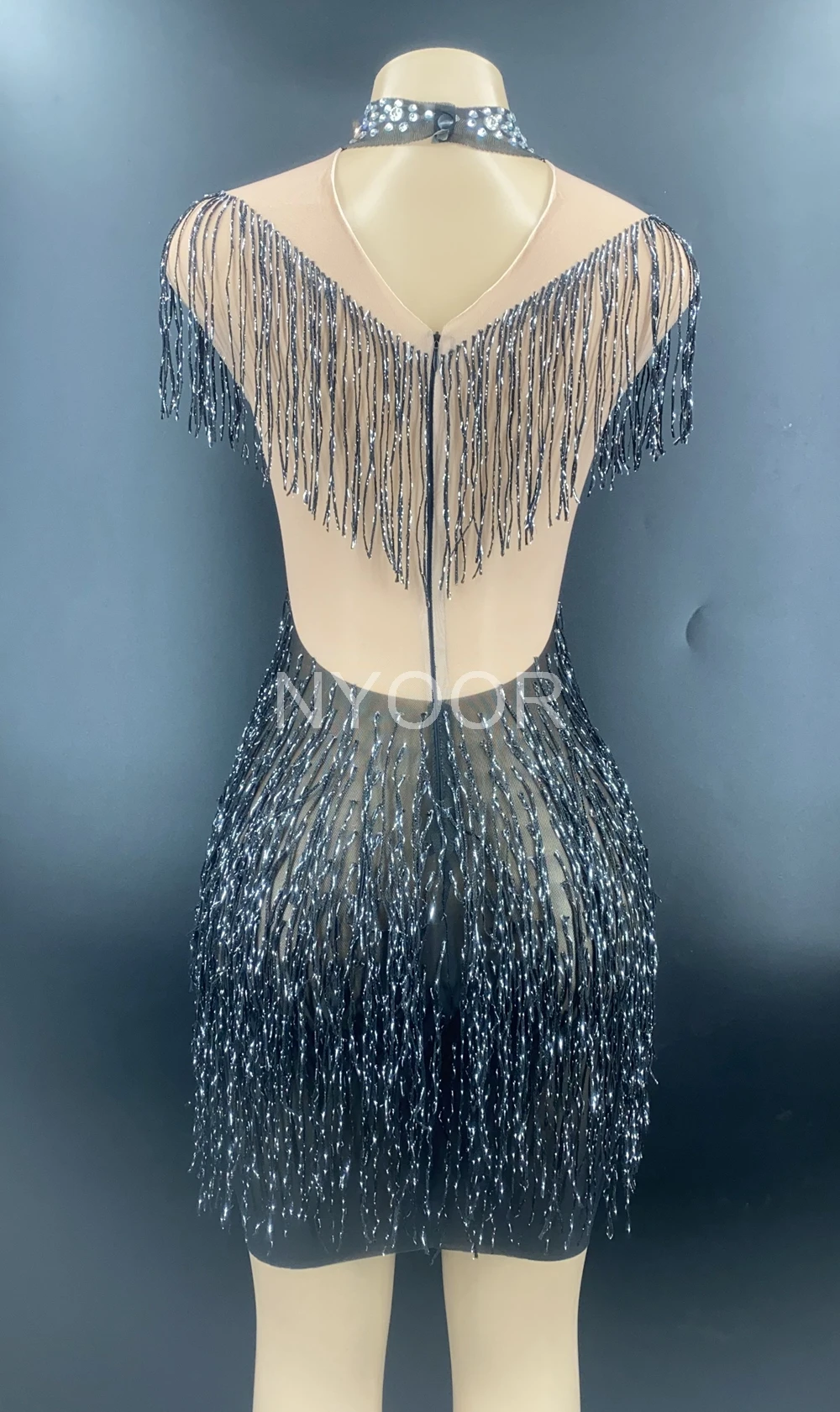 

Sparkly Silver Rhinestone Fringe Mesh Short Dress Women Birthday Celebrate Mesh Transparent Party Dress Stage Bar Club Outfit