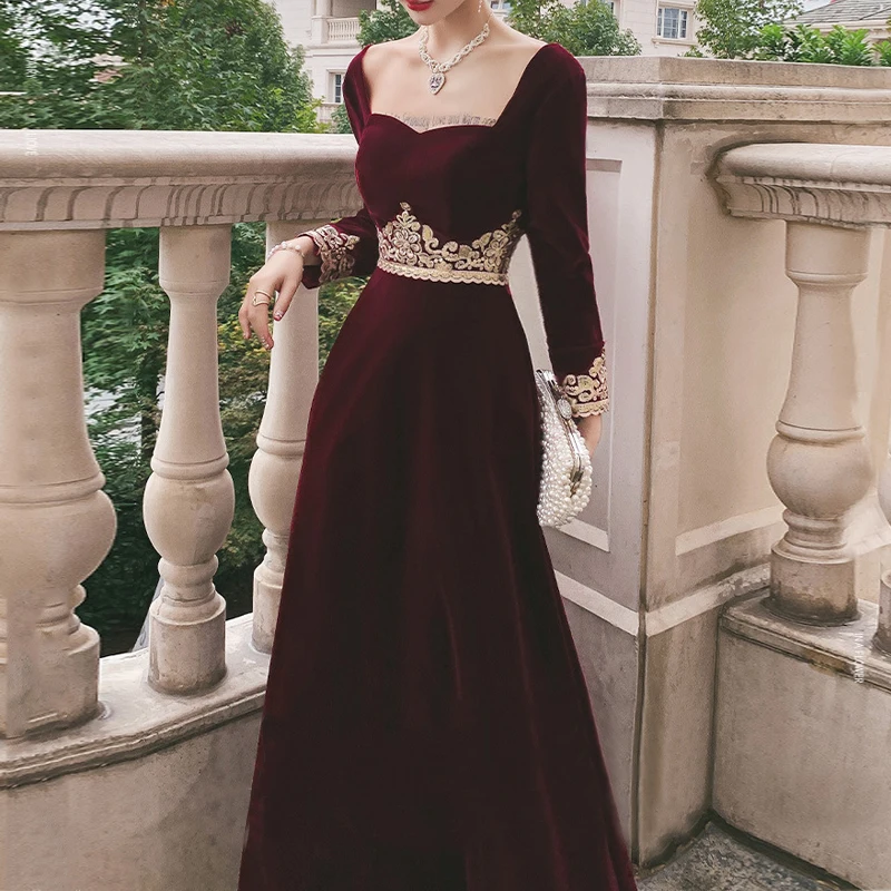 

2021 Elegant Square Collars Long Sleeve A-Line Vintage Bridal Wedding Party Vestido Velvet Evening Dresses Slim Full Length Gown