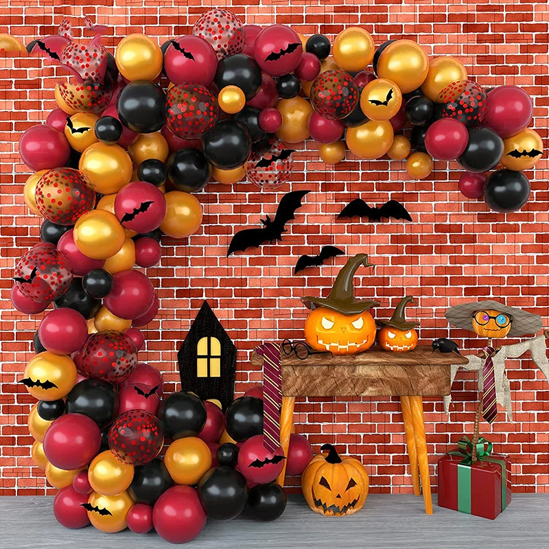 Halloween Party Balloons 3D Black Bats Stickers Burgundy Red Black Chrome Gold Balloons Arch Garland for Halloween Decorations