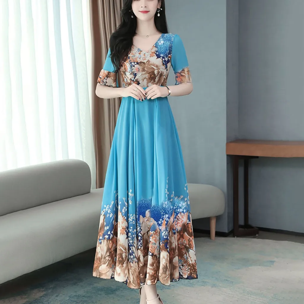 Boho Dress Women v-Neck Short Sleeve Long Floral Print Slim A-Line Party Dresses Casual Loose Beach Ladies Elegant |