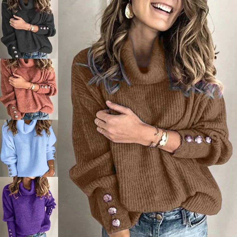 

Solid Women Turtleneck Sweater Autumn Casual Long Sleeve Button Knitted Pullovers Fashion Loose Winter Female Jumper Tops 2021