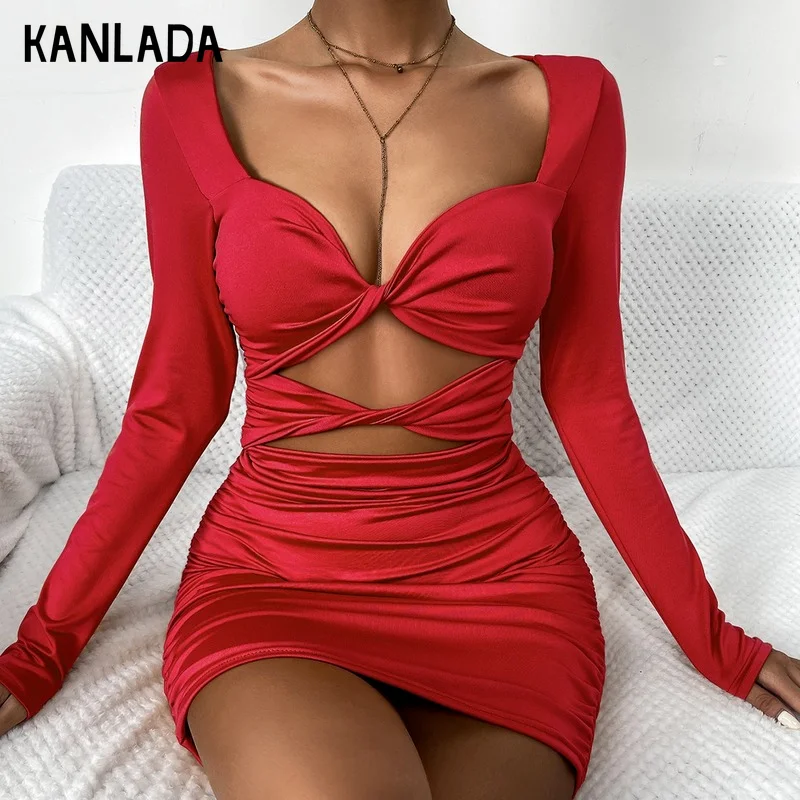 

Dress Summer 2020 Women's Sexy Deep V Hollow Out Pleated Stitched Tie Pleated Long Sleeve Sexy Dresses for Women платье женское