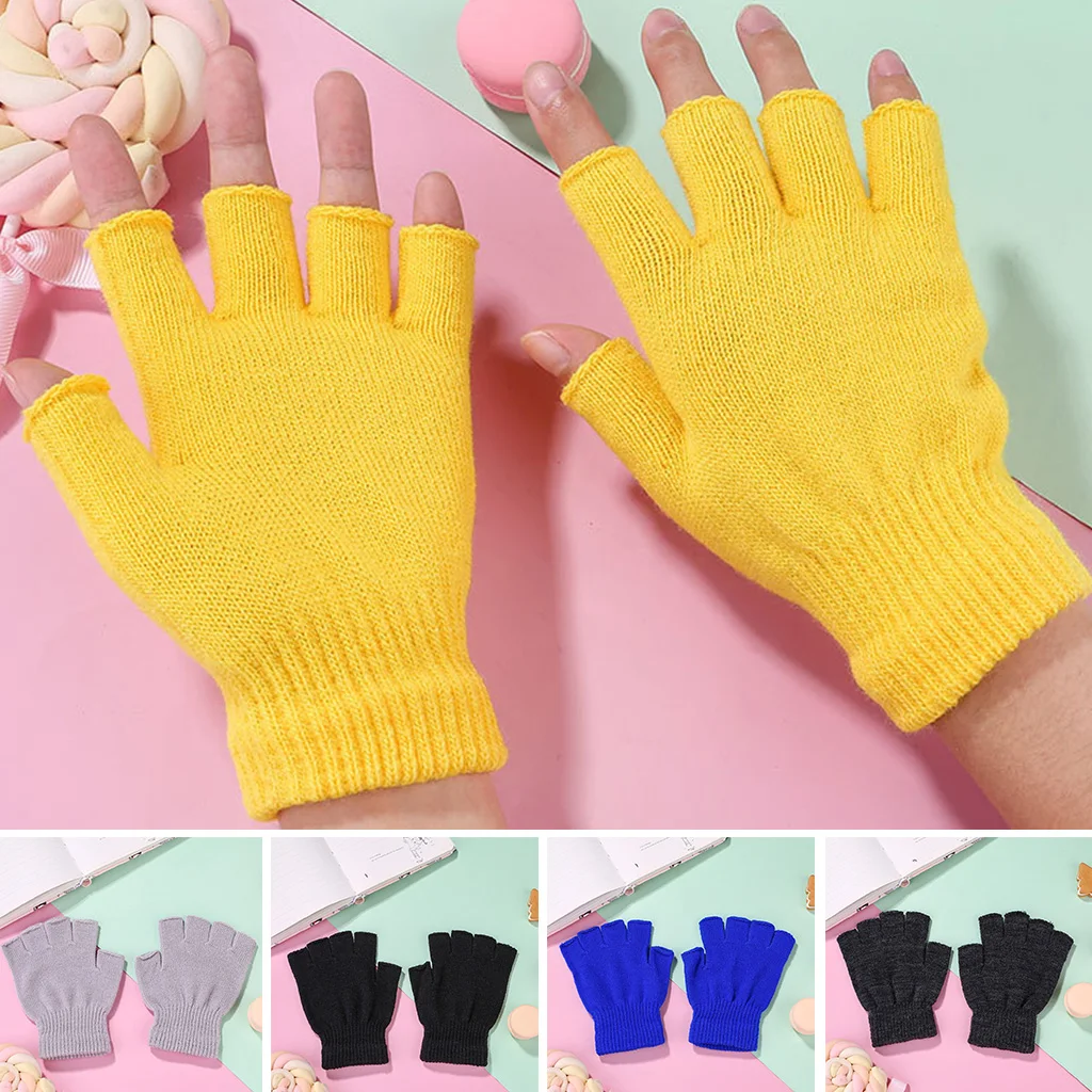 

6 Pairs Men Women Unisex Winter Knitted Half Finger Gloves Simple Solid Color Warm Fingerless Stretchy Wrist Length Typing