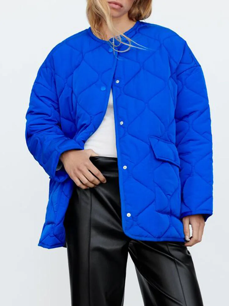 

early autumn new women's fashion all-match diamond round neck long-sleeved large pocket cotton casual loose jacket