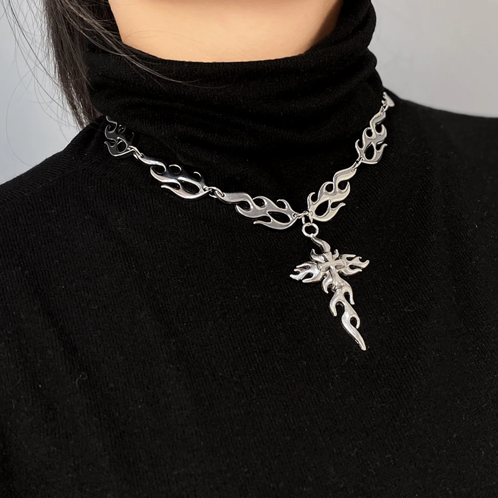 

Harajuku Punk Flame Cross Necklace Choker Clavicle Hip Hop Flame Cross Pendant Rock Necklaces Collar Metal Women Girl Jewelry