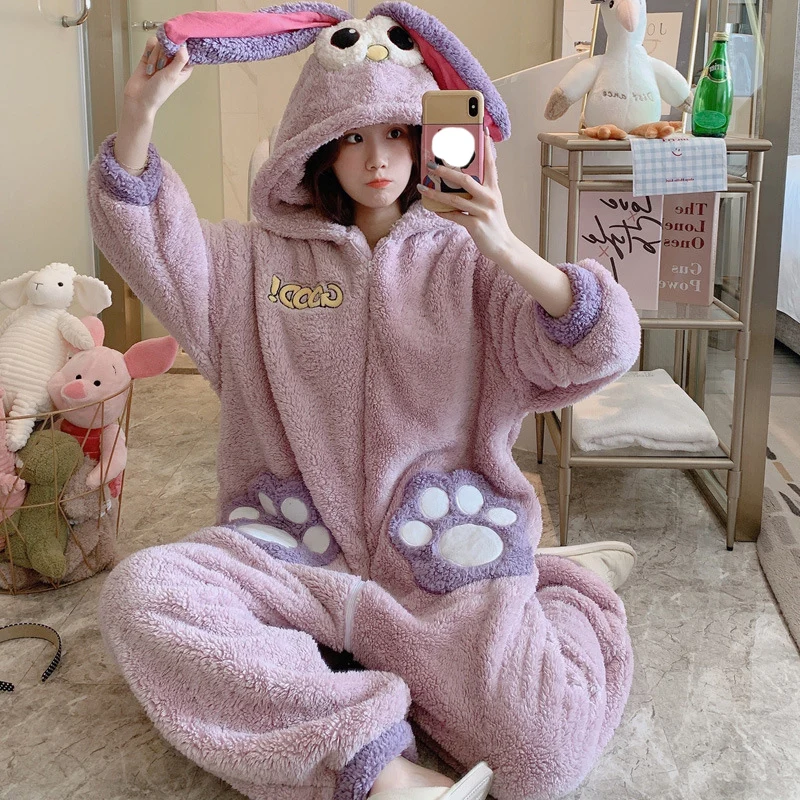

Фланелевая пижама, женская утепленная теплая Пижама, милая мультяшная кошка с капюшоном, Слитная одежда для сна, домашняя одежда, пижамный к...