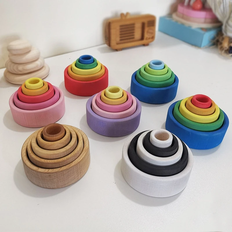 

5Pcs Baby Wooden Rainbow Stacker Children Stacking Game Learning Building Blocks Y4UD