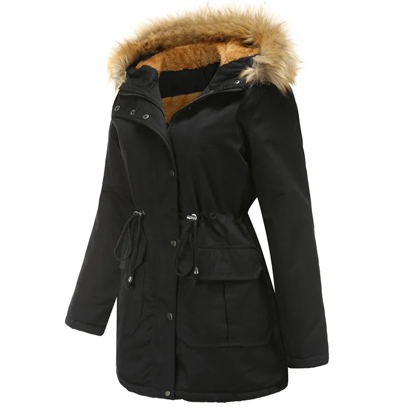 New Women's Down Jacket Women Medium Long Hooded Coat Female Casual Pocket Thick Solid Fox Fur Collar Winter Women's Coat