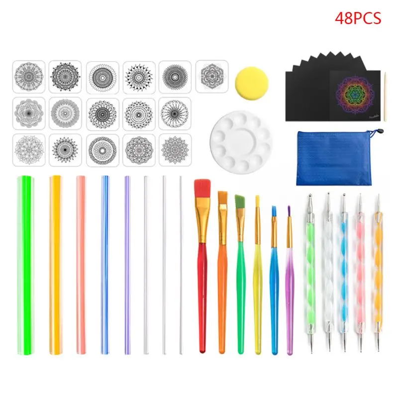 

48pcs Mandala Dotted Tools Set for Painting Rock Stones Stencil Brush Drawing Pen Paint Tray Kit