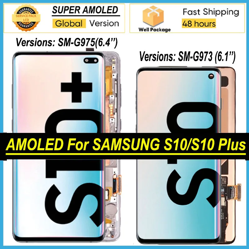 

100% Оригинальный Amoled дисплей с рамкой Samsung Galaxy S10 Full LCD S10 Plus SM-G9750 G975F сенсорный экран дигитайзер Запасные части