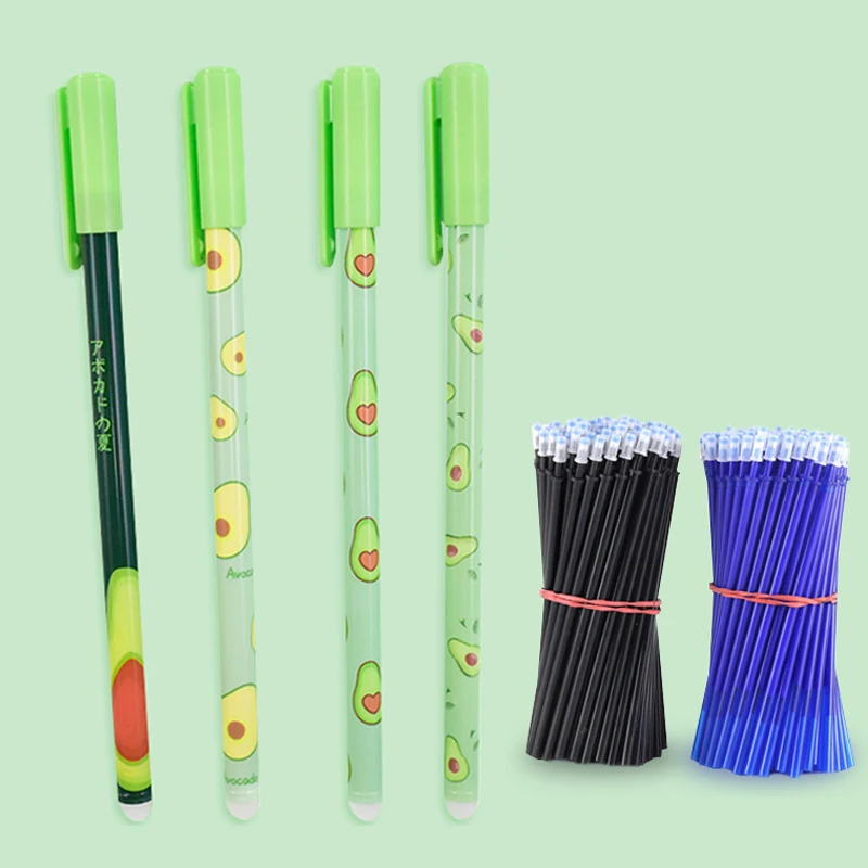 

4+50Pcs/Set Cute Avocado Erasable Pen Novelty Washable Magical Gel Pen 0.5mm Black Blue Ink Refills For Kids School Stationery
