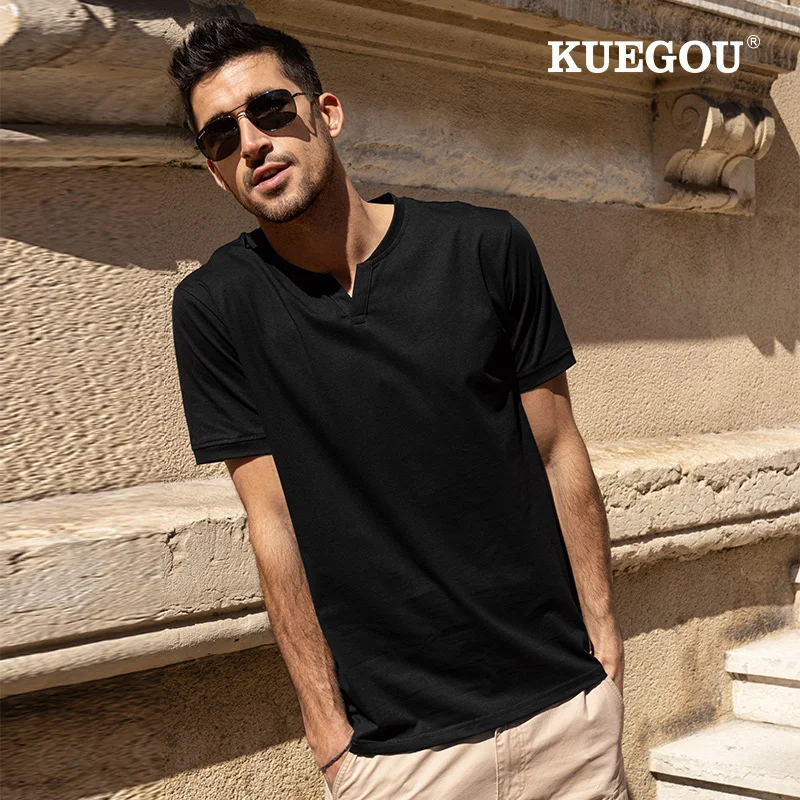 

KUEGOU 2021 летняя хлопковая однотонная Черная Мужская футболка брендовая футболка с коротким рукавом модная одежда Топ 90010