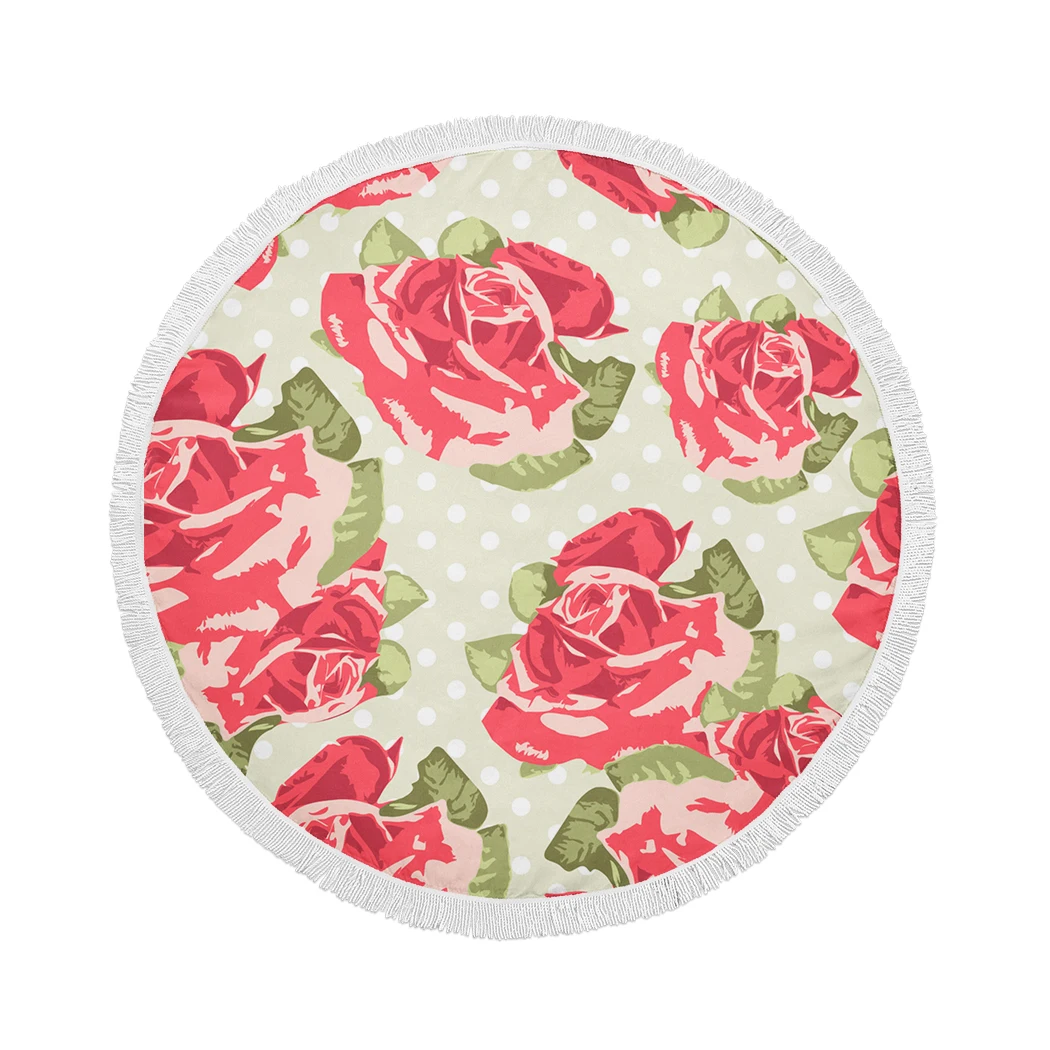 

Beautiful Rose Floral Round Beach Towel Botanical Bouquet Microfiber Beach Towel With Tassel Petal Pink Compressed Bath Towel