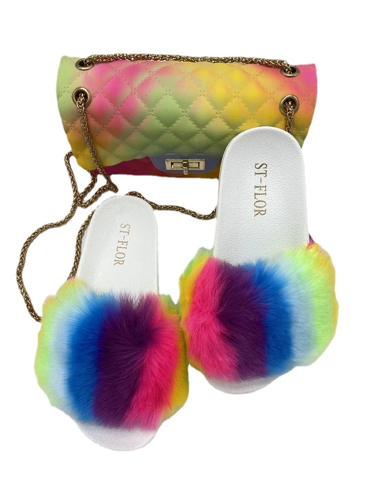 

Women Slippers Fashion Flat-bottomed Fox Color Furry Slippers Outside Slippers Flip Flops Shoes for Women Sandals