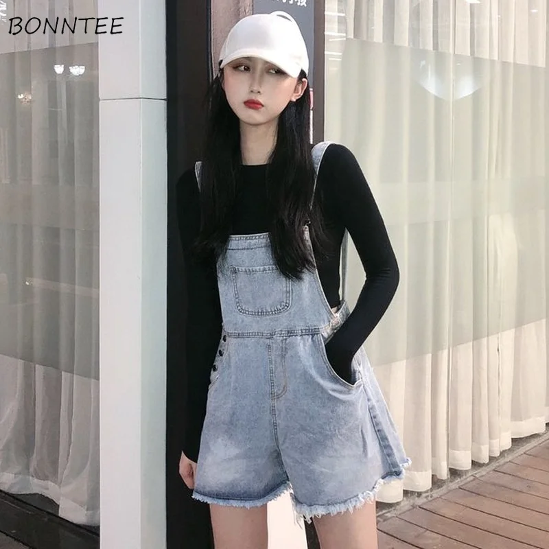 

Denim Playsuits Women Solid Pockets Frayed Korean Style Retro BF College Rompers Summer Wide Leg All-match Chic Popular Overalls