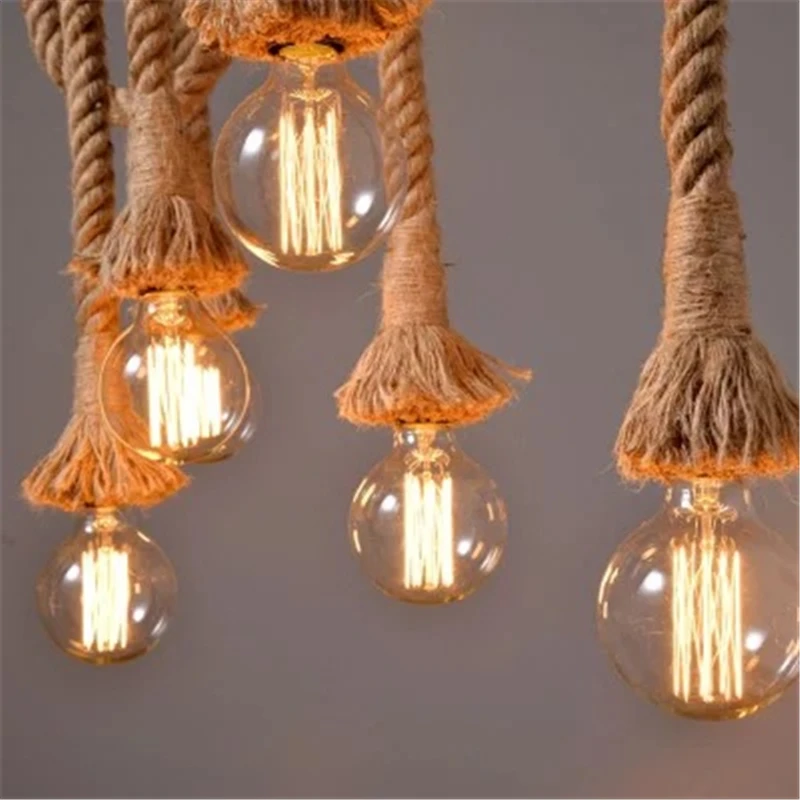 Vintage Hemp Rope Chandelier Lighting 3-8 Heads Retro Bamboo Tube Kitchen Hanging Lamps Restaurant Living Room Clothing Store | Лампы и