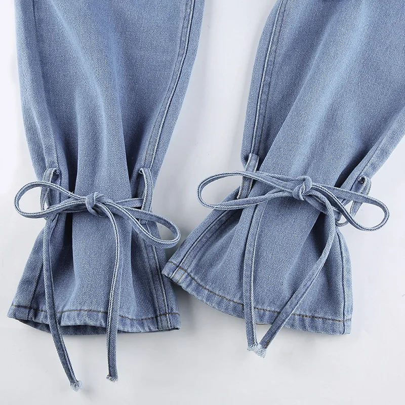 

Denim Jeans Women Clothes Ankle Tie Bandage Lace Up Boyfriend Pants Metal Chain Trendy Slouchy Trousers Female Junior Streetwear
