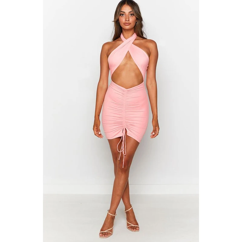 

Sexy Halter Cross Dress Green Pink Bandage Dresses Women 21 Summer Hollow Out Clubwear Fashion Clothes Female Feminina CX1613