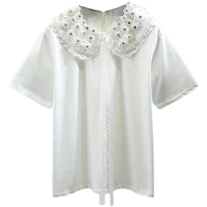 

Women's Top Beads Diamond Lace Stitching Sweet Double Doll Collar Ribbon Bowknot Loose All-Match Short Sleeve T-shirt Tees