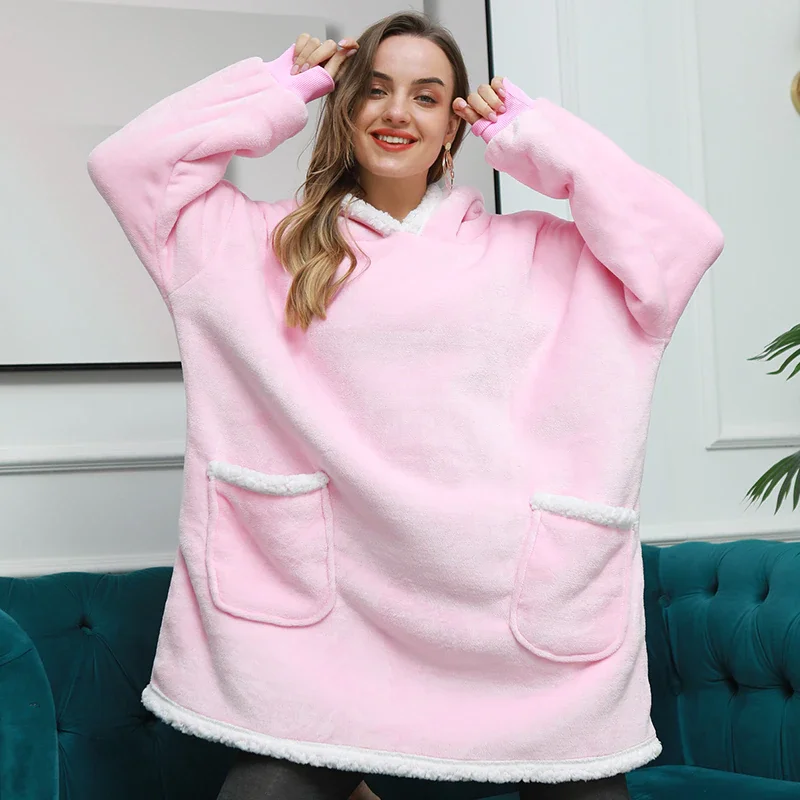 

Blanket Oversized Hoodie With Sleeves Plaid Winter Sweatshirt Fleece Hoody Women Pocket Female Hooded Sweat Oversize Femme