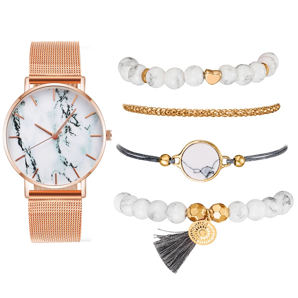 Часы женские кварцевые с металлической сеткой повседневные наручные мраморным